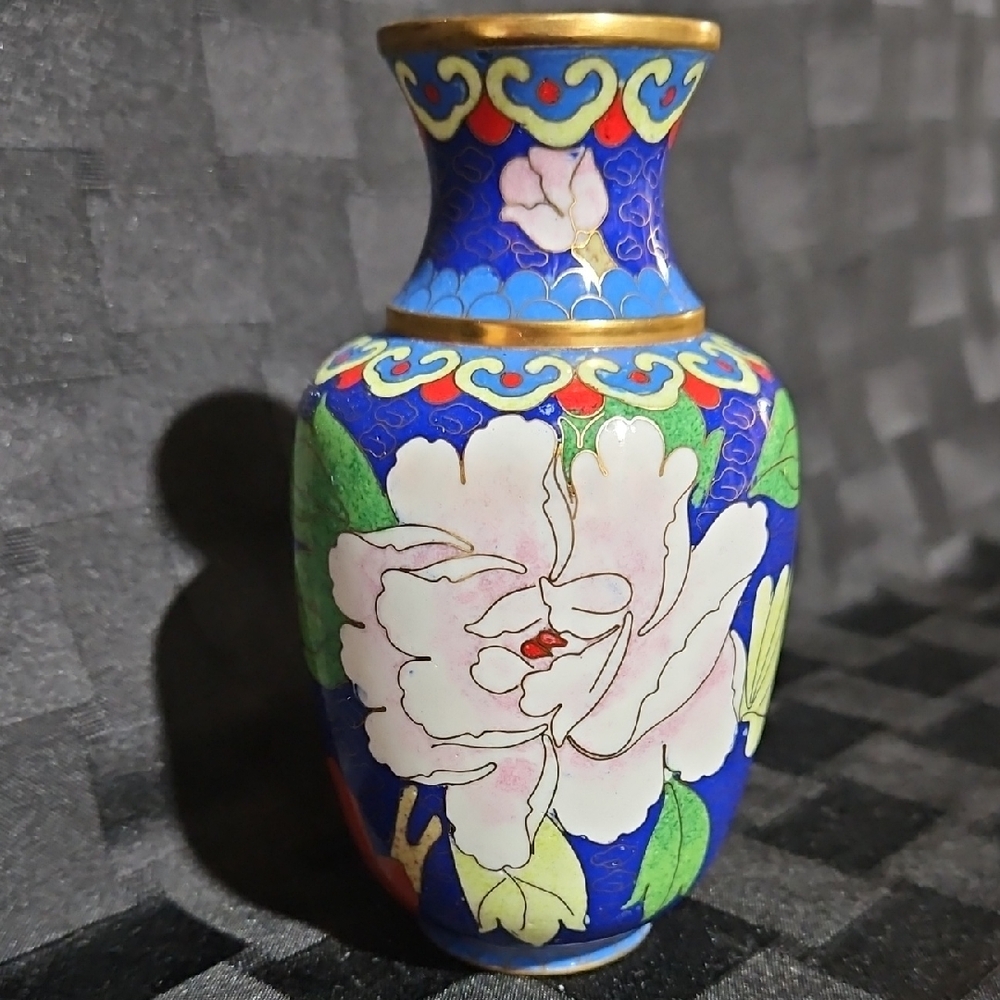 Vtg Chinese Cloisonne Enamel Cobalt Blue Pink Peony Red Bird Floral Vase